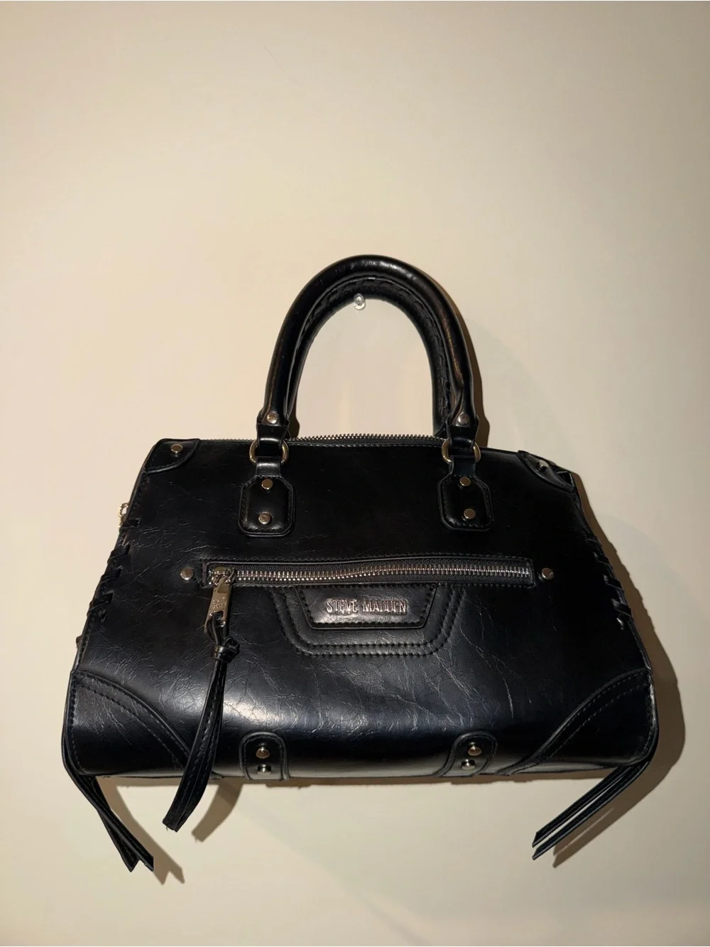 Steve Madden Black Leather Satchel with Silver Hardware